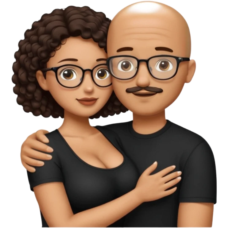 A picture of an embracing tanned couple. the man is a Mexican man with tanned skin, NO GLASSES, with a bald hair cut, short beard and wearing a black shirt. the woman is short with long curly dark brown hair and with big boobs. Put glasses on the woman.  emoji