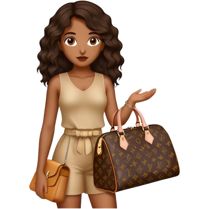  Brown girl with dark brown medium beach wavy hair carrying one Louis Vuitton purse on her arm while standing  emoji