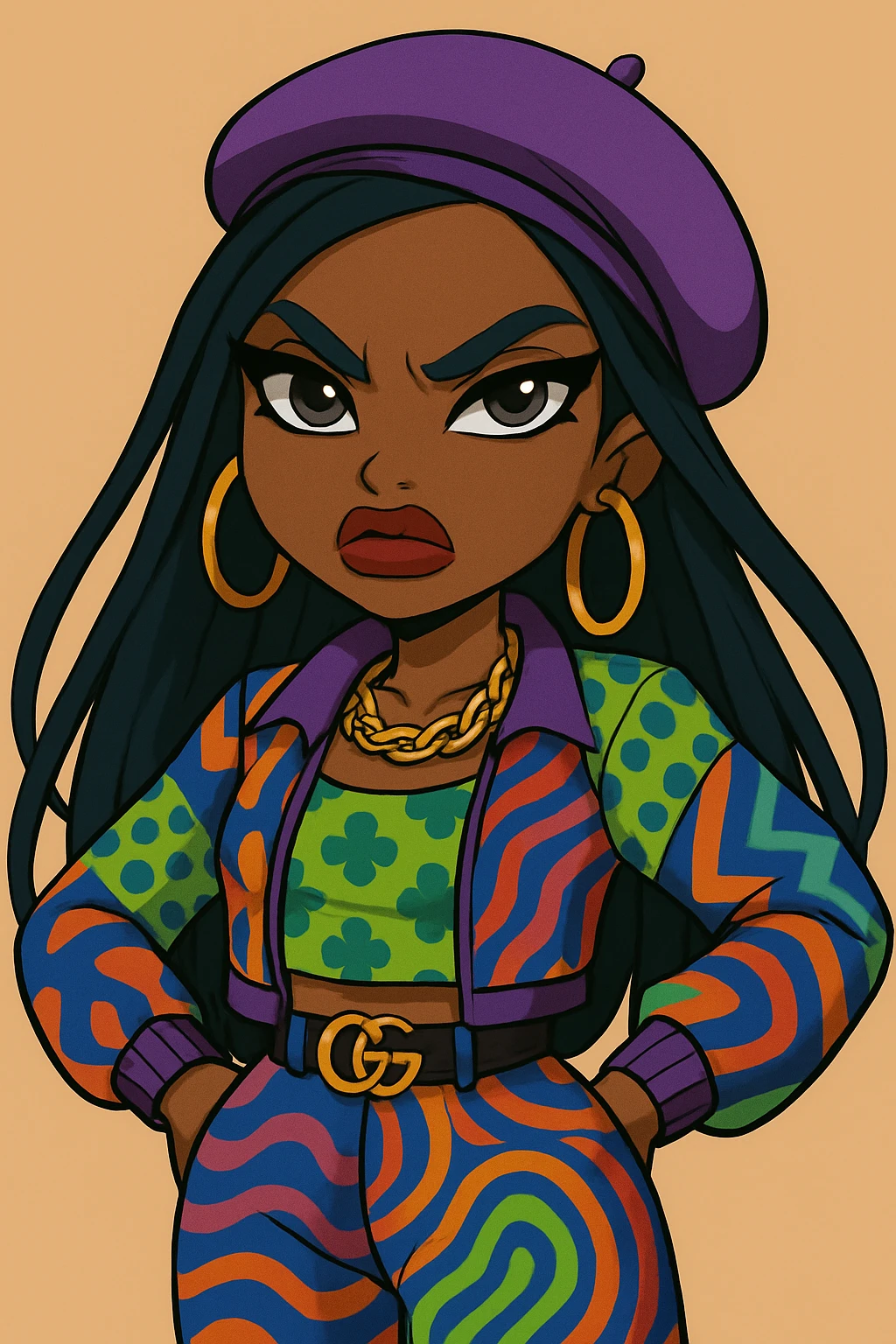 Change the expression to angry for a 20-year-old anime Bratz style woman with dark skin, dark hair, bold colorful fashion-forward look, big expressive eyes, and glossy lips. Maintain the anime Bratz style and the described features. emoji