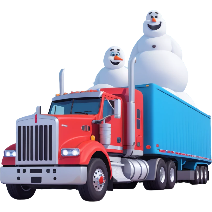 2026 Kenworth W680 flat top semi sleeper with stacks chasing an abominable snowman down the road, 3D emoji style emoji