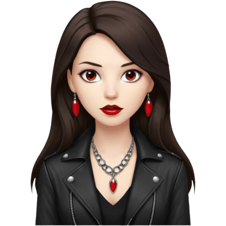 brunette with very long hair in black cuir jacket with red lips and very dark brown eyes and white shirt and mysterious necklace emoji