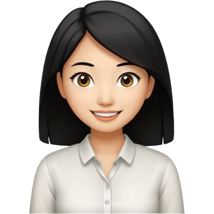 30 yr old asian woman center parted hair big eyes big smile tanned skin straight black hair hippie part hair white blouse emoji