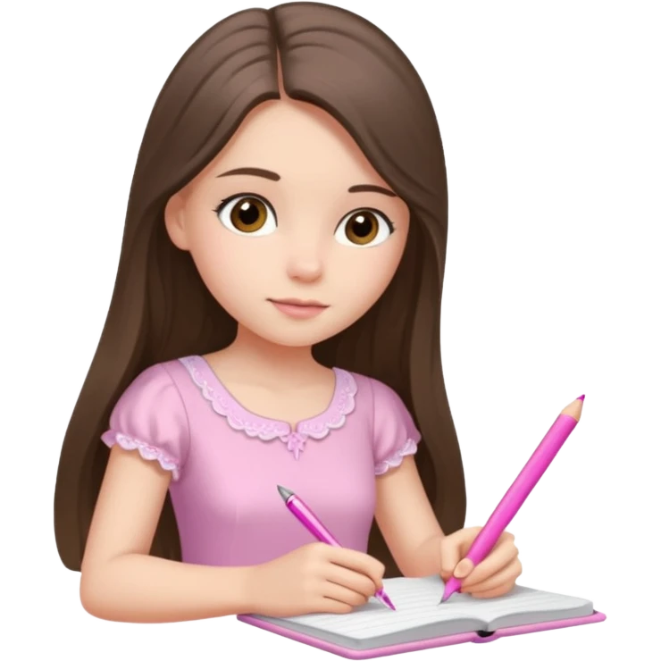 pretty white brunette teen long hair with hazel eyes in a light pink dress writing in a notebook with a pink pen emoji