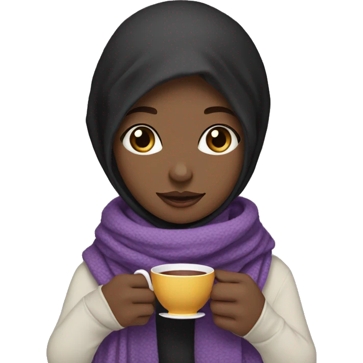 A veiled, brown-eyed girl holding a tea cup in her hands and a purple and black cashmere scarf on her shoulders emoji