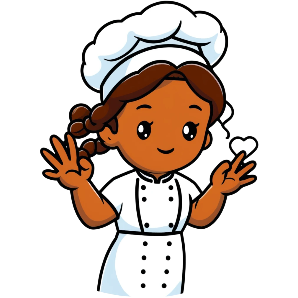 Brown-skinned female chef with long braided brown hair, wearing a chef's hat, with both an angel halo and devil horns, making a heart shape with her hands emoji