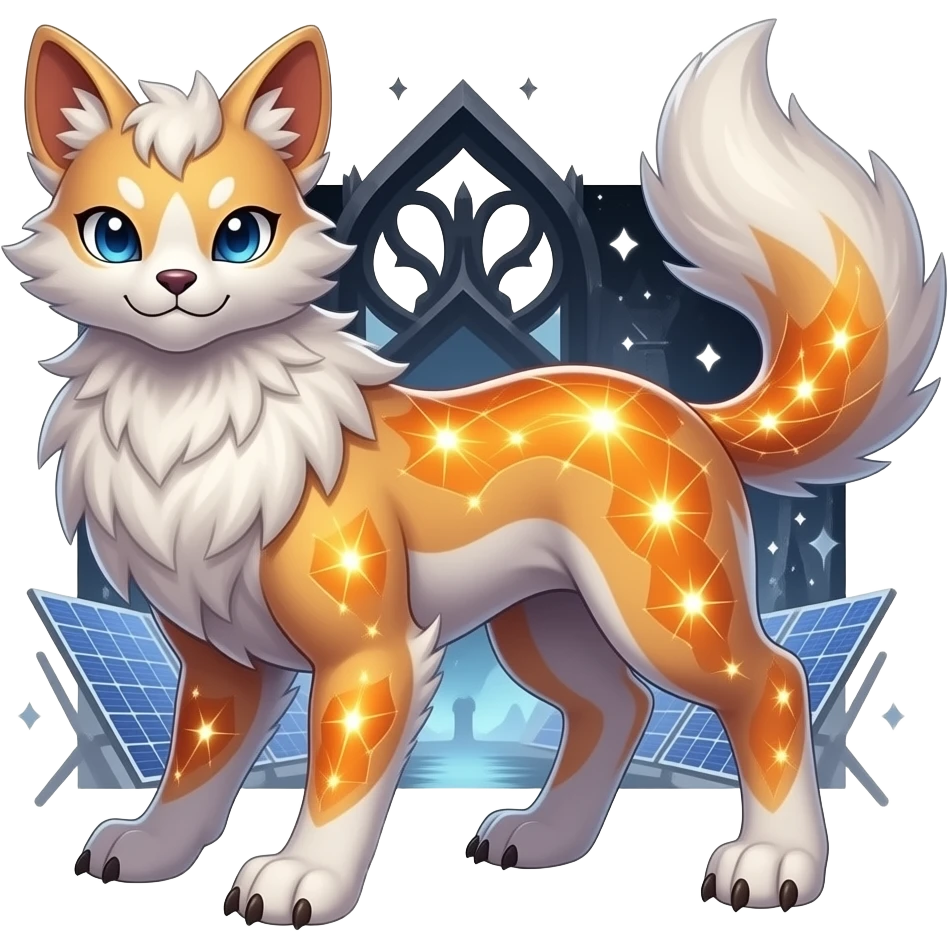 Epic complex fantasy glorious detailed dark dusky gloomy deep gothic gloomy sunny, white, albino, pastel, golden, orange glowing sparkly, realistic Fakémon-Sprigatito-Floragato-Meowscarada-Trico-Sergal-Serval-Solgaleo-Vernid-creature (full body) solarpunk, shiny sparkly, iridescent emoji