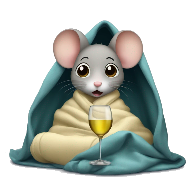 A cute girl mouse watching netflix underneath a blanket with a glass of white wine emoji