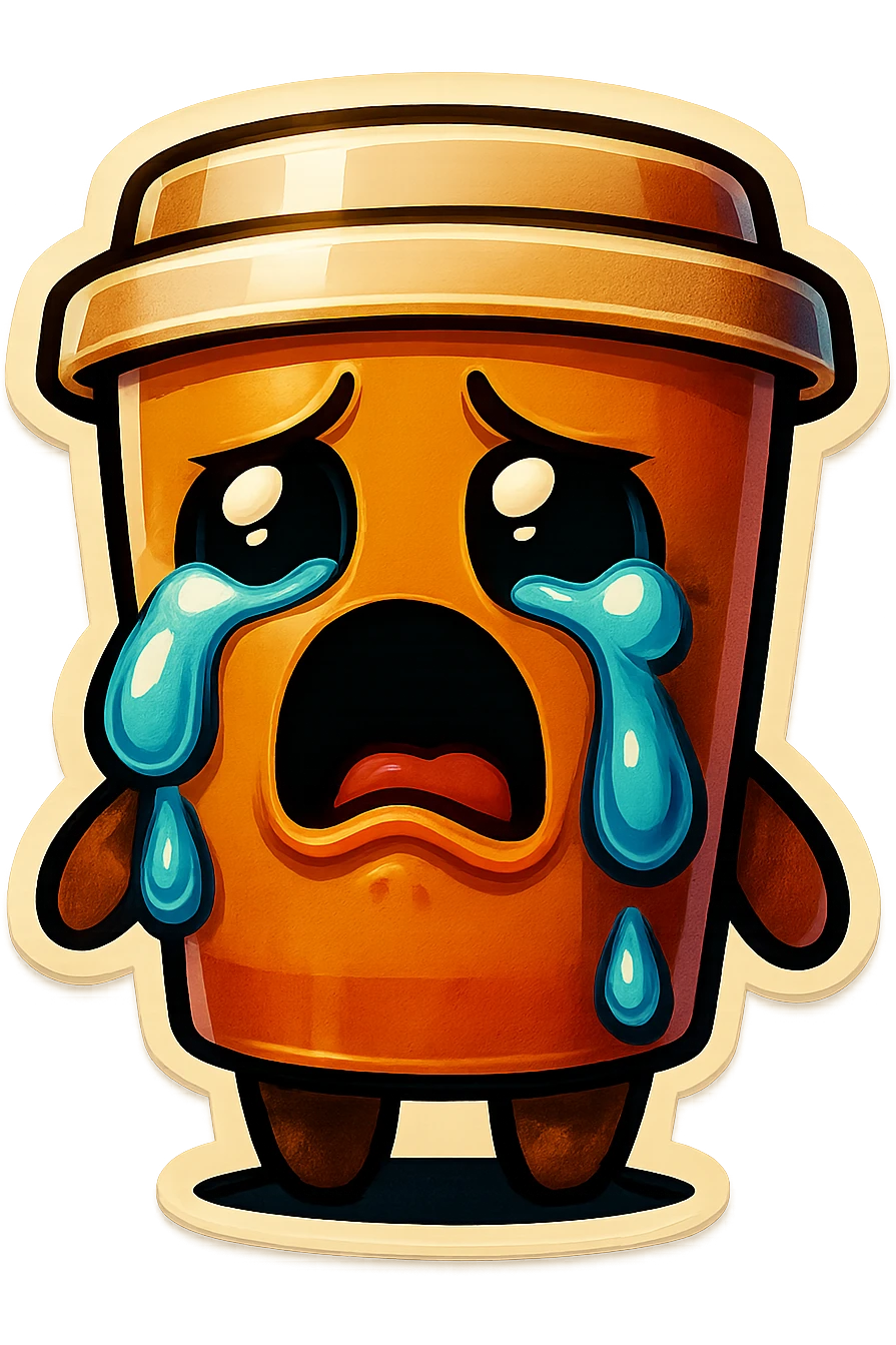 Tall coffee cup, big tears, sobbing, dramatic emoji
