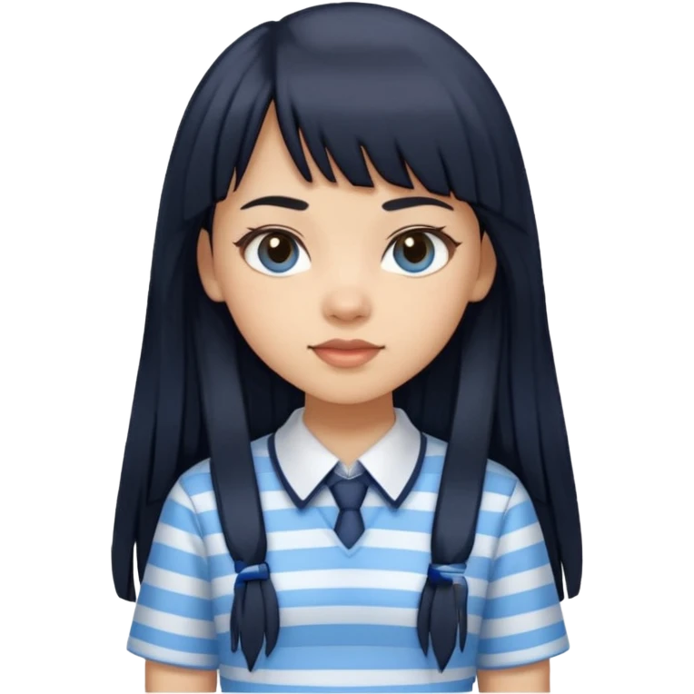 hair : black long hair with fringe 
skin : light 
cloth : light blue stripe shirt + navy long long school girl skirt



 emoji