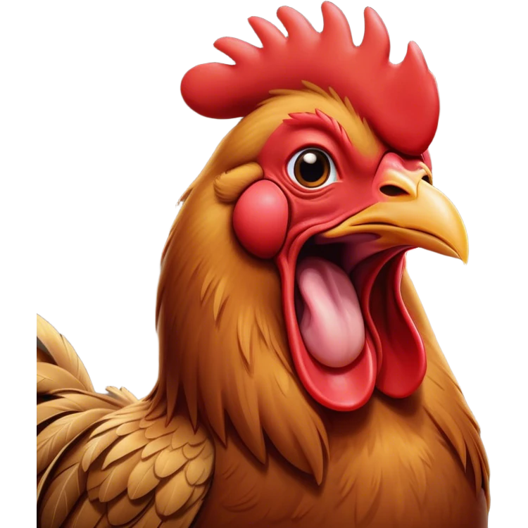 Cinematic Cute Yawning Brown Rooster Portrait Emoji, Head tilted slightly with a dramatic, wide-open yawn, showcasing a soft, downy brown plumage with a subtle red comb and drooping wings, round warm eyes barely open in drowsy contentment, Simplified yet irresistibly adorable features, highly detailed, glowing with a soft, cozy glow, high shine, relaxed yet expressive, stylized with a touch of whimsy, bright and endearing, soft glowing outline, capturing the essence of a sleepy yet affectionate rooster, so drowsy it feels like it could stretch out of the screen and curl up for a nap! emoji