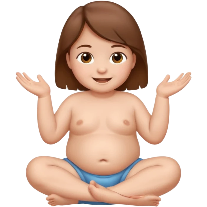 A smiling newborn with brown hair, sitting, moving its arms and hands. emoji
