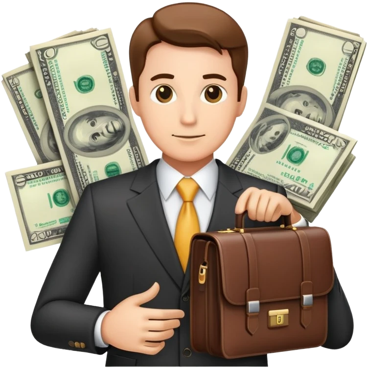 financial expert with business suit, briefcase, charts and money symbols emoji