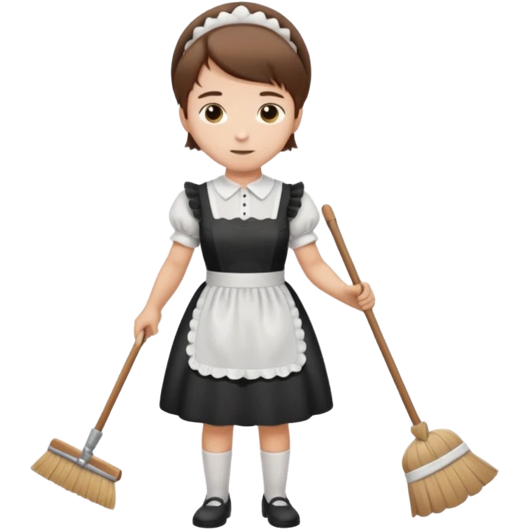 Guy with short brown hair wearing a cute maid dress, sweeping emoji