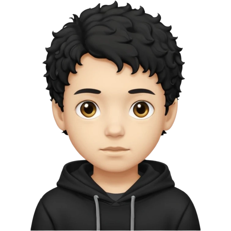 Now create boy with little bit curly dark black hair with black hoodie on and make him light skin emoji