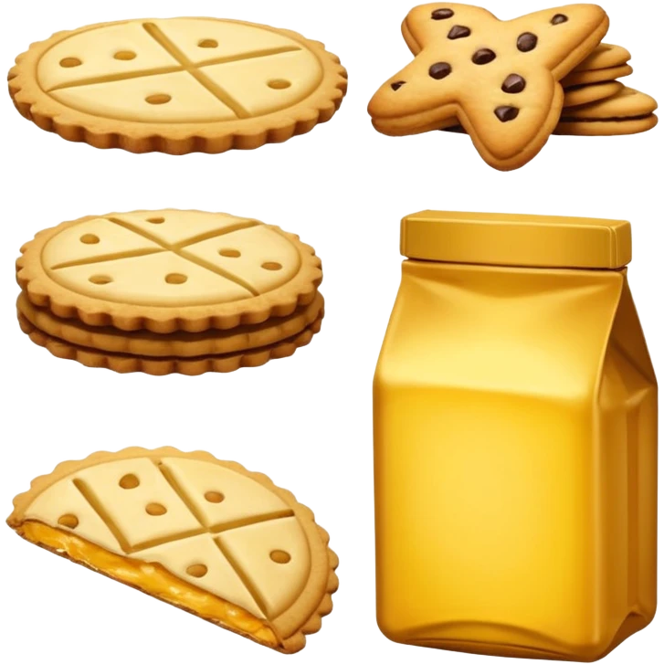 diverse types of hydrogenated fats together: margarine, bottled hydrogenated vegetable oil, industrial snacks (bagged chips), and industrial cookies, isolated on white background emoji