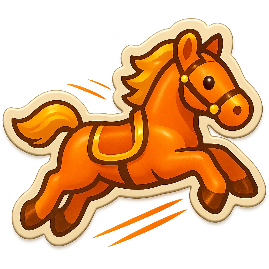 Create a cute emoji style illustration of a Hermès-style horse jumping with a modern design featuring orange and gold details. Include motion lines to show movement. Use a white or transparent background. emoji