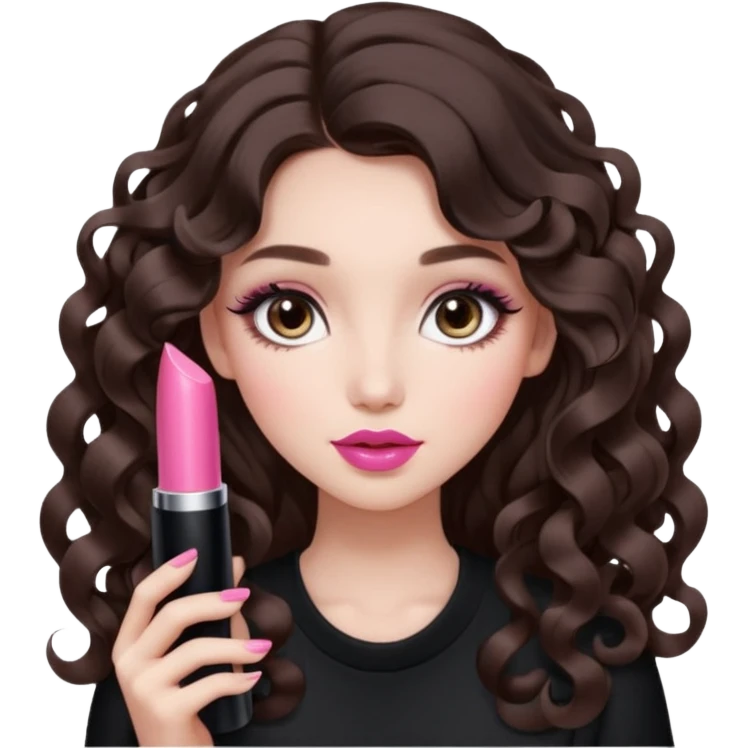 A girl with long dark brown hair styled in loose 36mm curls, beautiful round-almond eyes with long curled lashes in Douyin style. Her makeup is cool-tone neutral. She’s holding a pink lipstick similar to Rhode’s shade in one hand. emoji