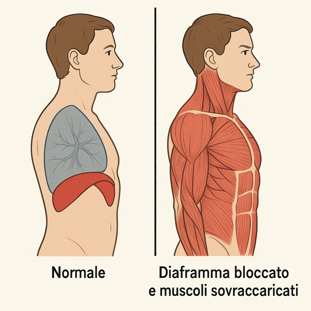 illustrazione con confronto, lato sinistro normale, lato destro con diaframma bloccato e muscoli sovraccaricati, didascalia in italiano emoji