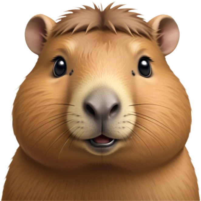Cinematic Cute Capybara Portrait Emoji, Head tilted playfully and inquisitively, with a delightfully fluffy, rounded form and a distinctively endearing capybara face marked by a short snout and petite ears, accented by luxuriously soft fur in warm earthy tones and bright, sparkling eyes full of charm; rendered with intricate, realistic detail and natural highlights, high shine, affectionate and lively, styled with a touch of whimsical cuteness, soft glowing outline, capturing the essence of a mischievous yet loving capybara that seems poised to tumble playfully into your arms! emoji