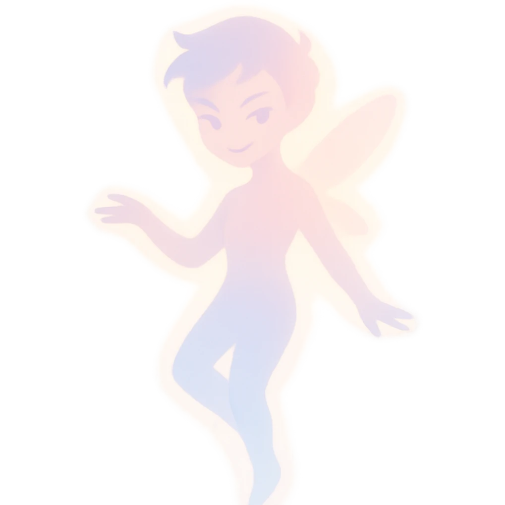 delicate figure with a soft glow, playful mischief in the eyes, and an enchanting aura, in a minimalist silhouette with pastel colors emoji