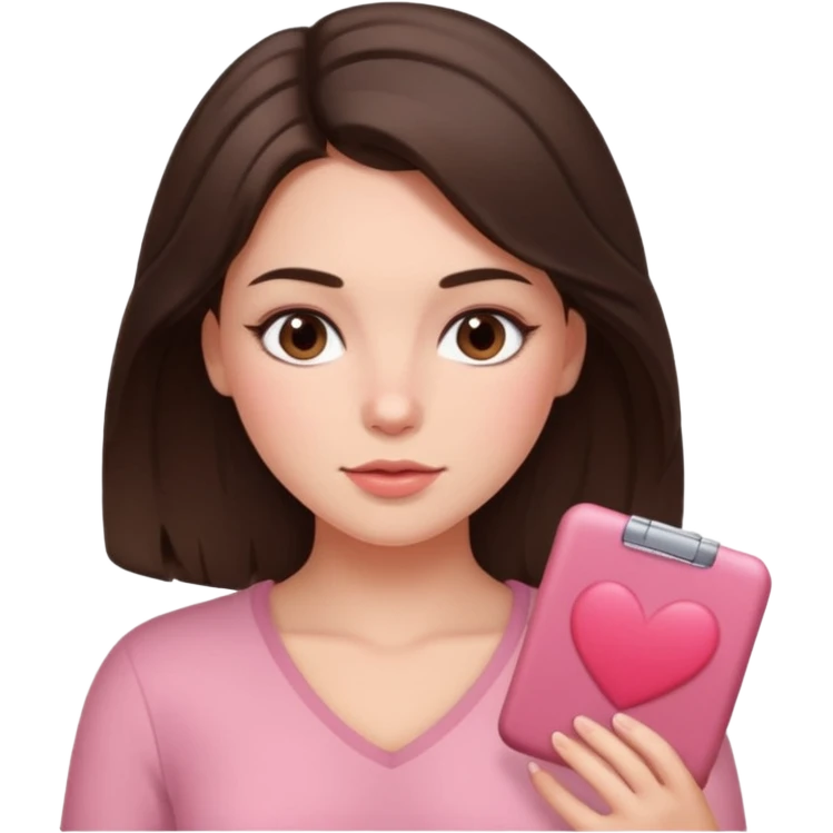 Brunette girl with chest length brunette hair and blush emoji