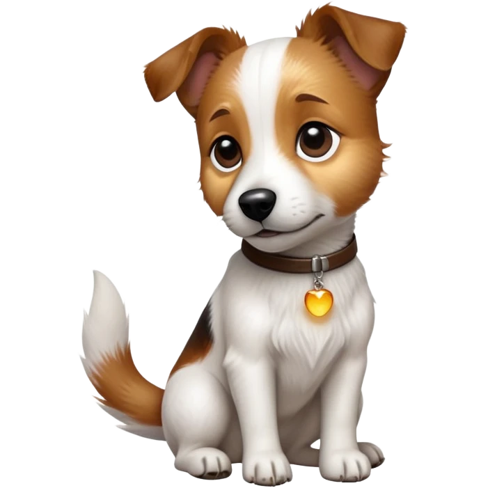 cinematic-[jack russel]-realistic-full-body-sitting-emoji,-tail-resting-loosely-beside-its-paws,-head-tilted-dramatically, -scruffy-[brown and white]-fur,-simplified-yet-realistic-focused-features,-highly-detailed,-glowing-with-an-almost-sarcastic-glow emoji