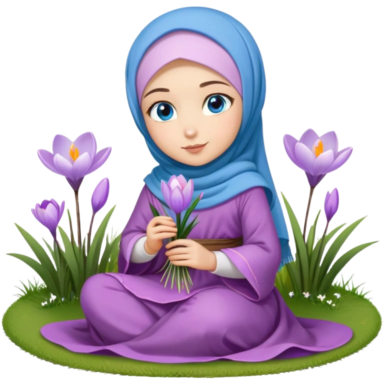 Turkish beautiful finish Konya girl blue eyes with crocus flower hijab long tail dress and sits on the grass on the ground and hold crocus flower on hand  emoji
