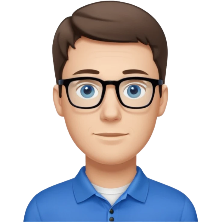 Scott The WozYoung white man, late 20s, short brown hair, blue eyes, clean-shaven, thin black rectangular glasses, slim build, wearing a blue polo shirt, friendly and energetic look. emoji