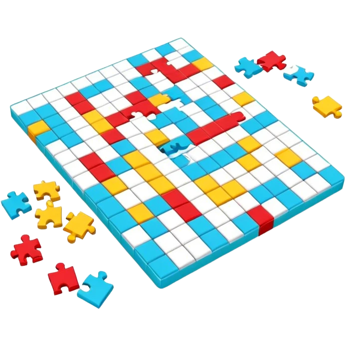 A photorealistic icon with a crossword magazine, a 3D puzzle and a partially completed puzzle on a table. Bright, detailed design with realistic lighting. Transparent background, clearly symbolizing puzzles and brain games. emoji