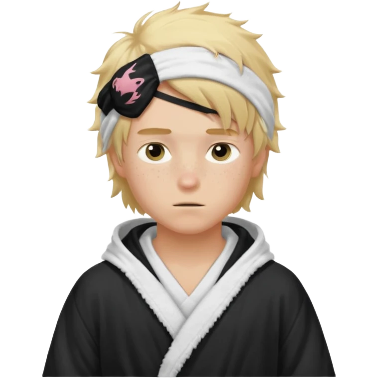 Create a blond boy with long, messy hair, light eyes, a white t-shirt, rich, with long hair, blue eyes, medium-length, voluminous hair, wearing a black Nike bathrobe and a little blush near his nose. and with a balaclava like a ninja and with freckles emoji
