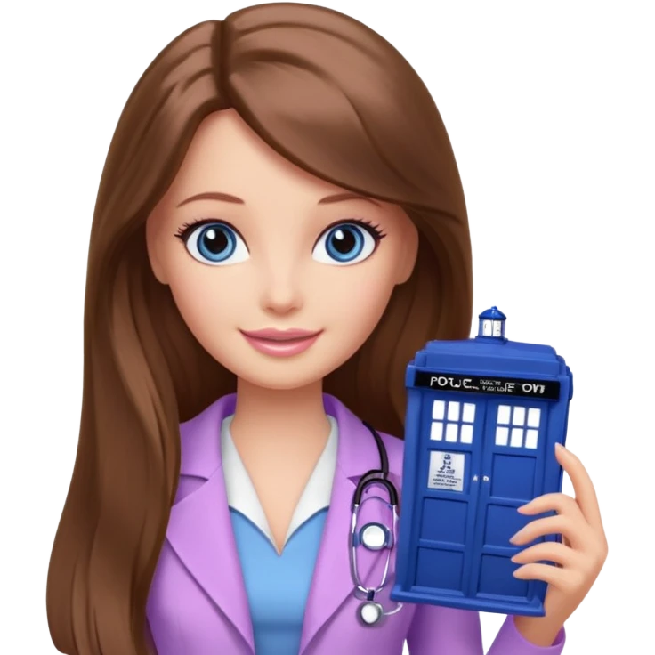 beautiful barbie girl with long brown hair, blue eyes and wearing light purple clothes watching doctor who emoji