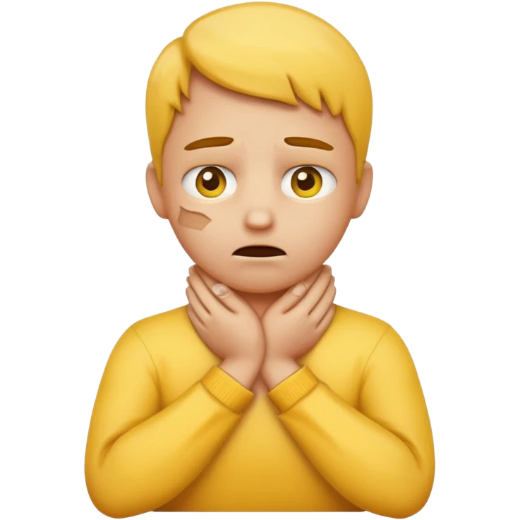 Yellow face emoji strangling itself with 2 arms crossed and hands saround neck and eyes looking up slightl emoji