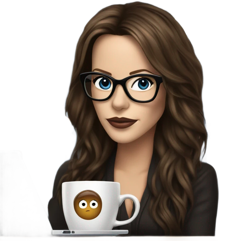 Hyper Realistic Kate Beckinsale dark blue eyes wearing glasses drinking coffee at a laptop  emoji