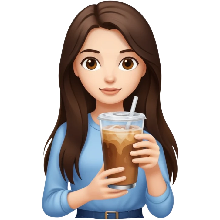 Brunette girl with long hair holding a glass with iced coffee in it  emoji