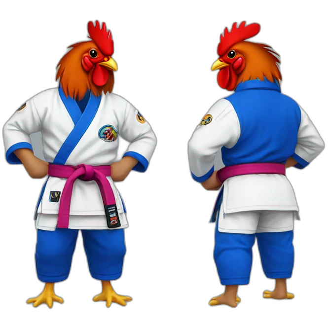 Rooster wearing a blue Jiu-Jitsu gi emoji