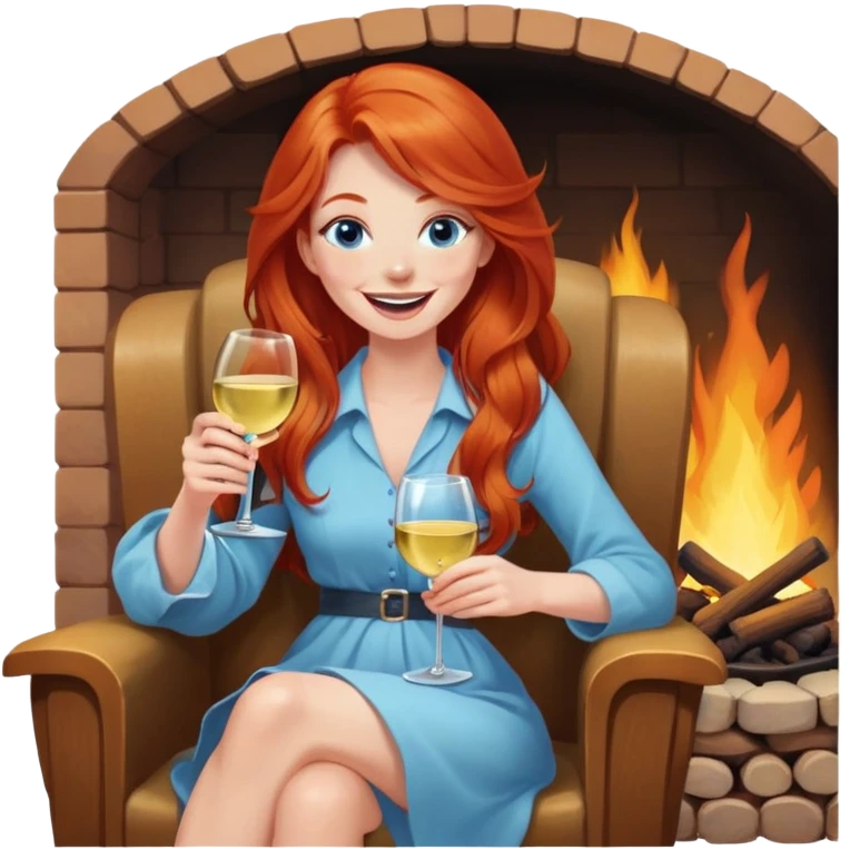 Laughing redhead with long hair and blue eyes holding white wine sitting in chair beside fire  emoji