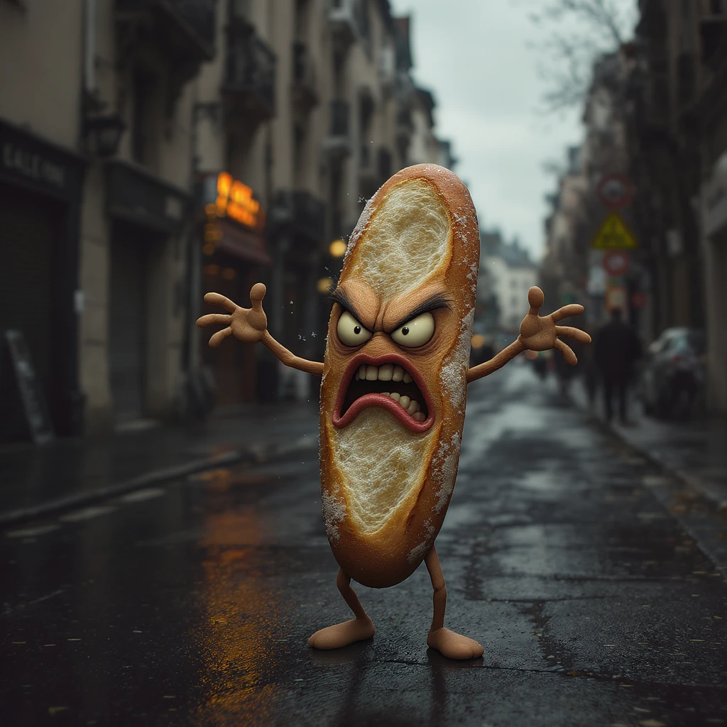 Angry baguette on the street cinematic shot emoji