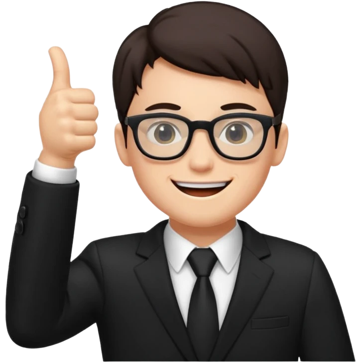 un estudiante con terno negro que este parado con sus lentes guiñando el ojo y CON LAS MANOS HACIA ARRIBA DANDO LIKE emoji