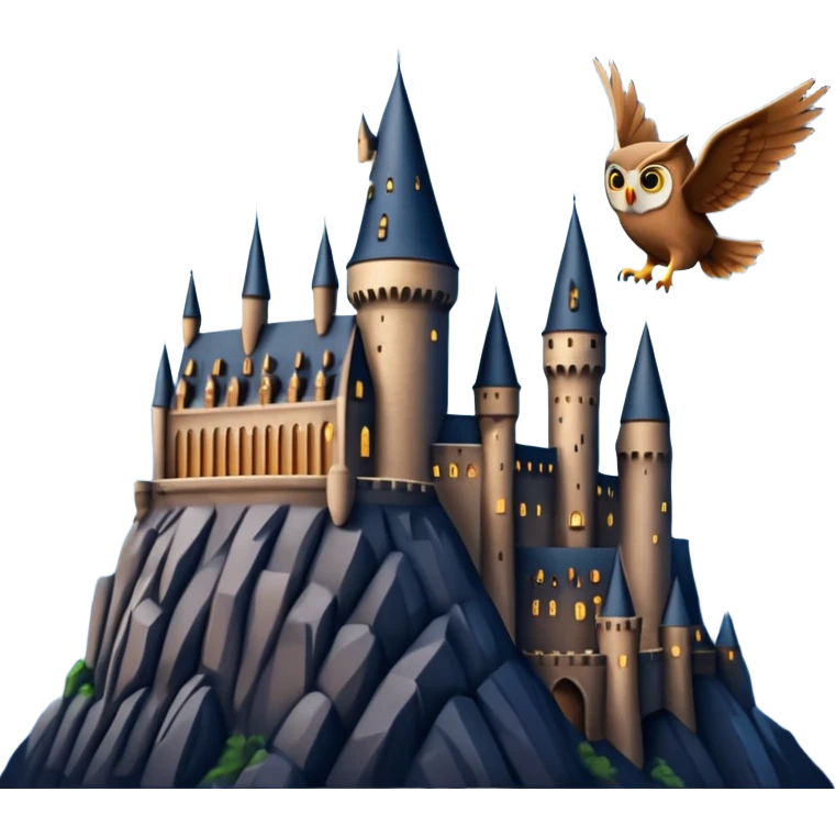 hogwarts castle on a starry night and owl flying in the air emoji