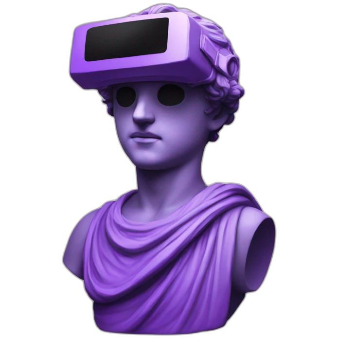 an EMOJI OF A ancient young greek statue, wearing VR headset, purple colors, DIGITAL UNIVERSE emoji