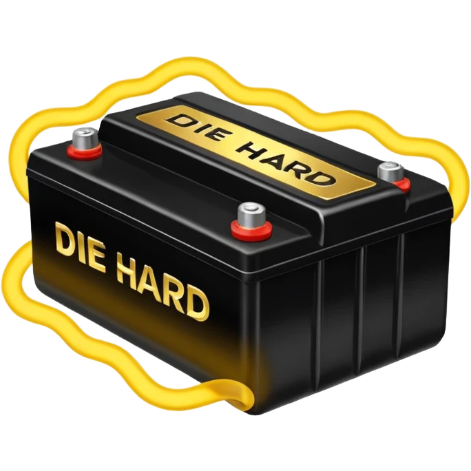 black car battery labeled 'Die Hard' with golden energy waves surrounding it, highlighting its strength emoji