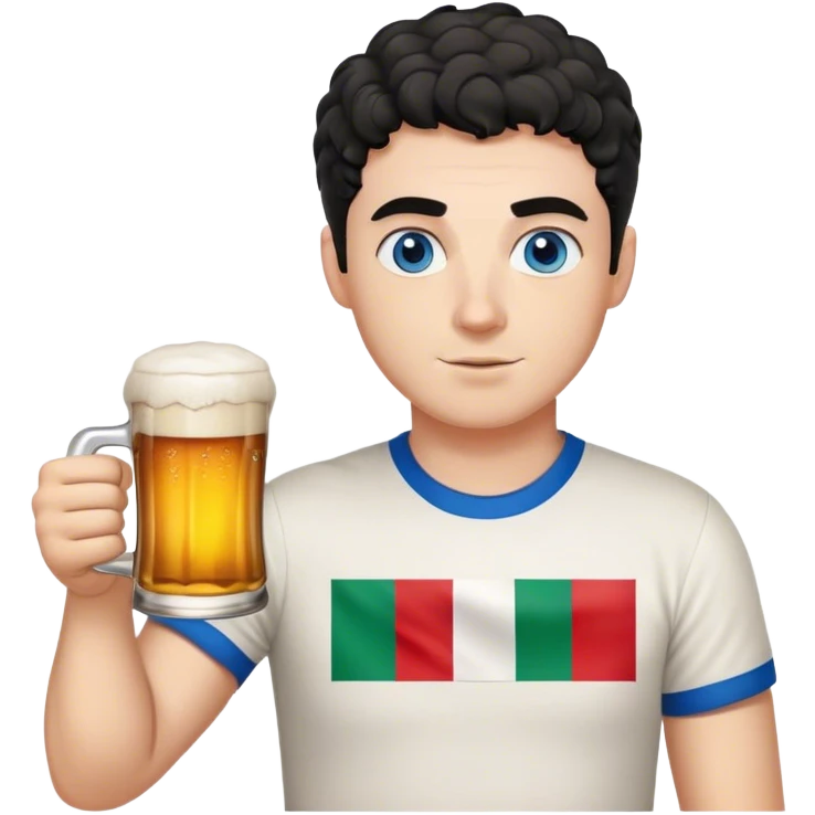 white guy thick eyebrows blue eyes with short curly black hair holding beer wearing a shirt with the italian flag emoji