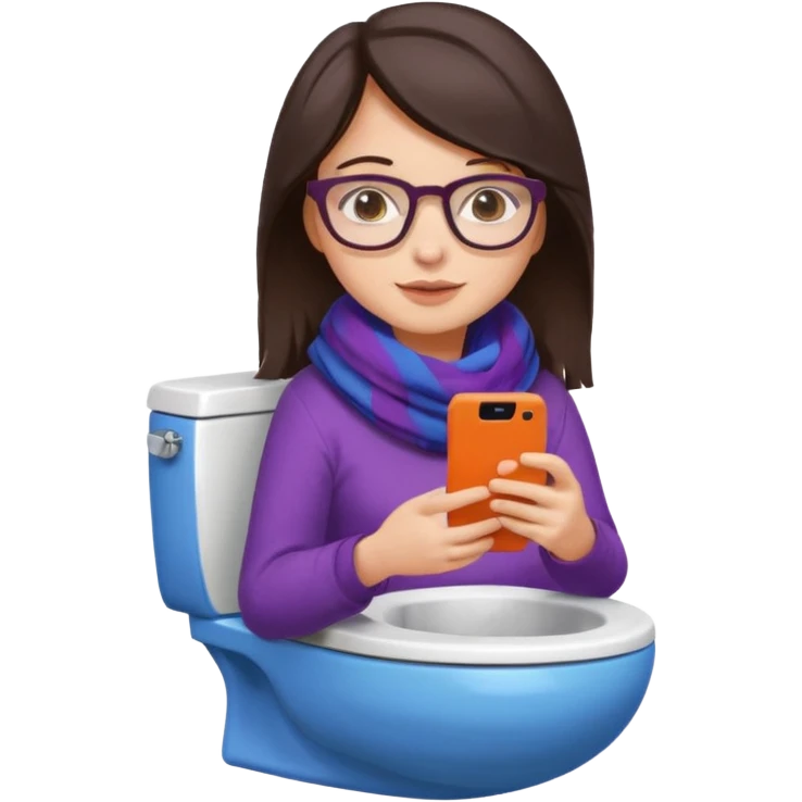 Fille châtain foncé avec lunettes. Elle porte une grosse écharpe violette, bleu et orange. Elle est dans une cuvette de toilette. Téléphone en main. Realiste emoji