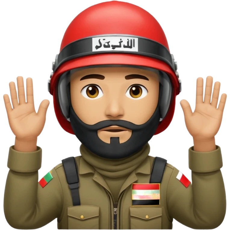 surrenders, depicts an Iraqi soldier from 1980, with a beard, in a helmet, a helmet with sign flag Iraq, with a balaclava, with sad eyes and both hands raised up emoji