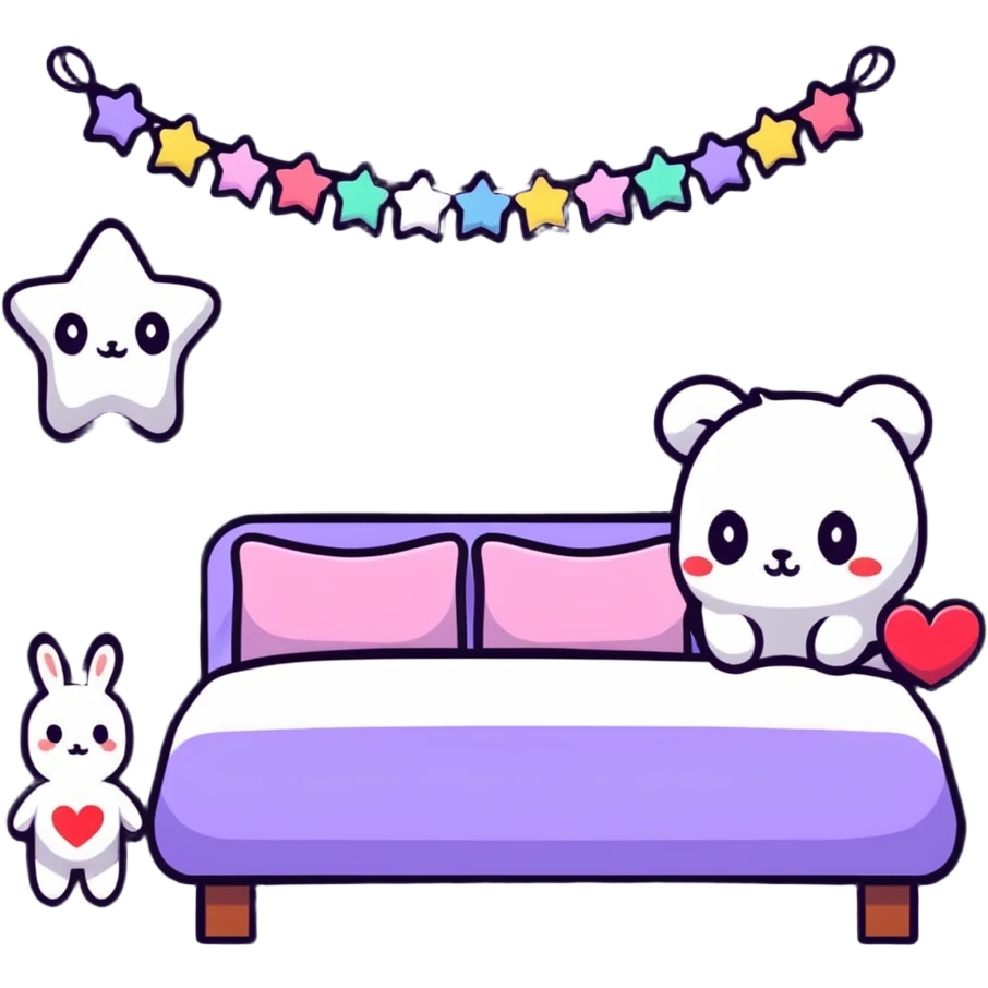 small cute bedroom with kawaii decor, stuffed animals, heart-shaped pillows, star garland emoji
