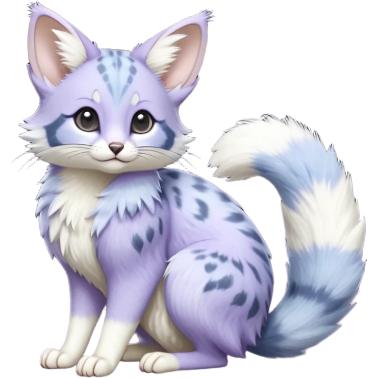 Hyper realistic  frost-lavender fur kissed with pale moon-silver dewshine beautiful elegant pretty precious cute  Fakémon-Pokémon-opossum-feline-serval-caracal-chinchilla-Furret-Minccino-hybrid-creature with a big fluffy bushy tail (full body) emoji