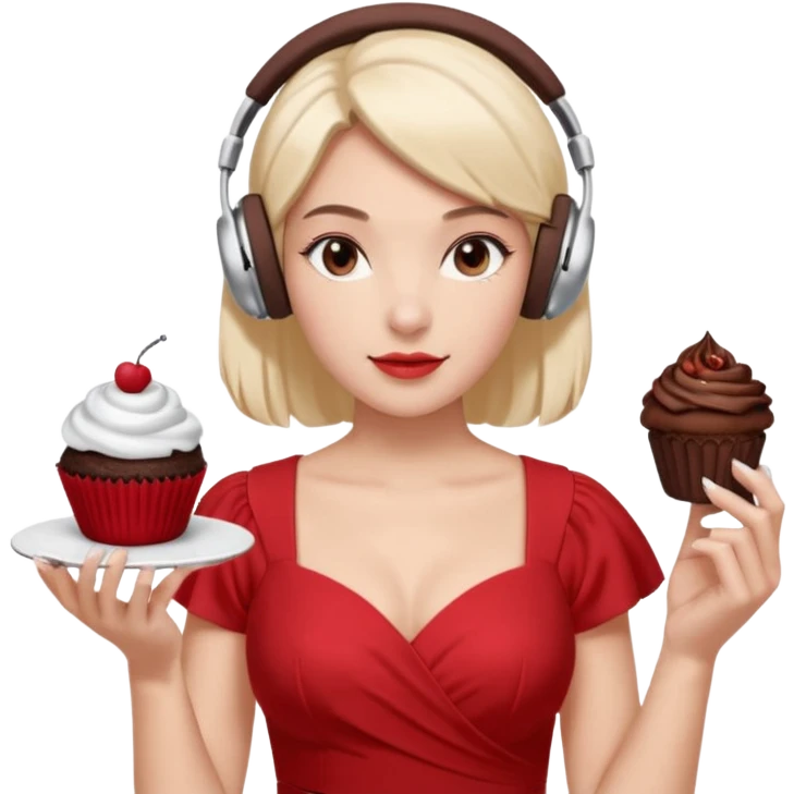 4–5 women at a listening party with a red and silver dress code. One holds a dark chocolate cupcake. Two wear over-ear headphones like AirPods Max. Indoor event lighting, modern and metallic vibe. emoji