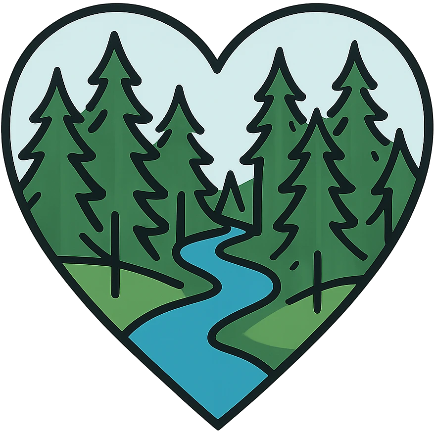 heart with a pine forest and river theme, clean digital illustration emoji