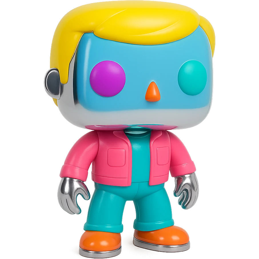 Keep the Funko Pop figures' skin and base chrome and shiny, preserving the reflective chrome effect on the skin and base. Add bold, saturated, vivid, and playful colors to their eyes, hair, and clothing details, making these features bright and colorful while maintaining the chrome effect on the rest of the figure. emoji