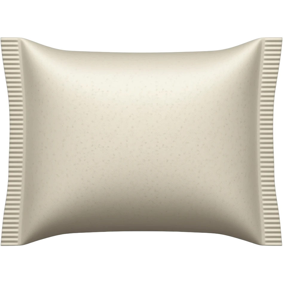 A small horizontally elongated nicotine pouch made from thin matte porous paper, slightly uneven filling inside and subtle beige tint in the center, softly pillow-shaped and gently curved sides, about twice as wide as it is tall. The short ends are sealed with narrow crimped paper edges. emoji